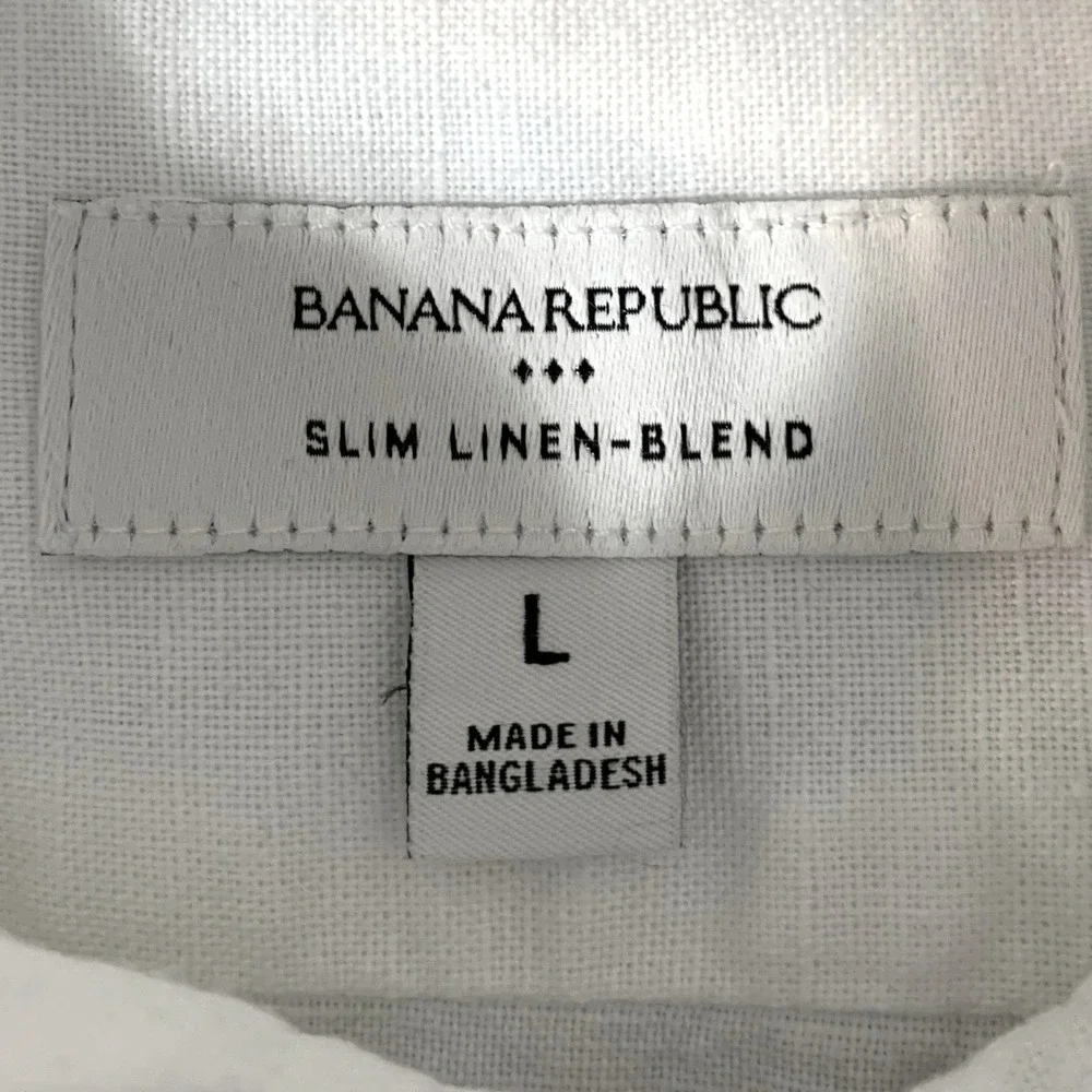 Banana Republic Mens Shirt Large White Slim Linen-Blend Short Sleeve Button Down